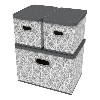 HomeLife Úložný box s vekom sada 3 ks - list šedo-biela