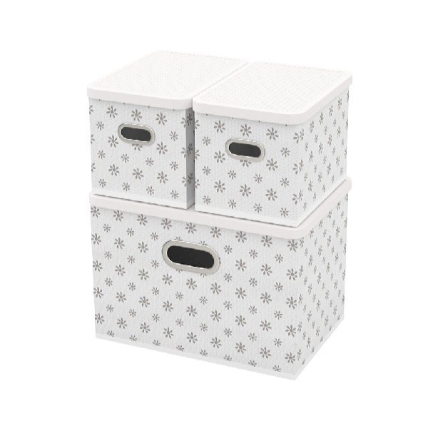 HomeLife Úložný box s víkem sada 3 ks - bílá kytičky - 5104